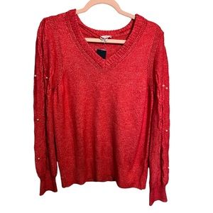 Crown & Ivy Women’s Red Hots 10 Pearl Sweater‎ Balloon Sleeves Sz Large NWT/NEW